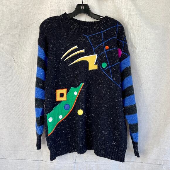 Vintage 80s Funky Japanese Appliqué and Embroidered Wool Alpaca Blend Sweater - Picture 1 of 8